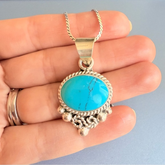 Taxco Mexico Turquoise Cable Rope Doted Design Pendant Necklace, Sterlin… - Picture 7 of 8